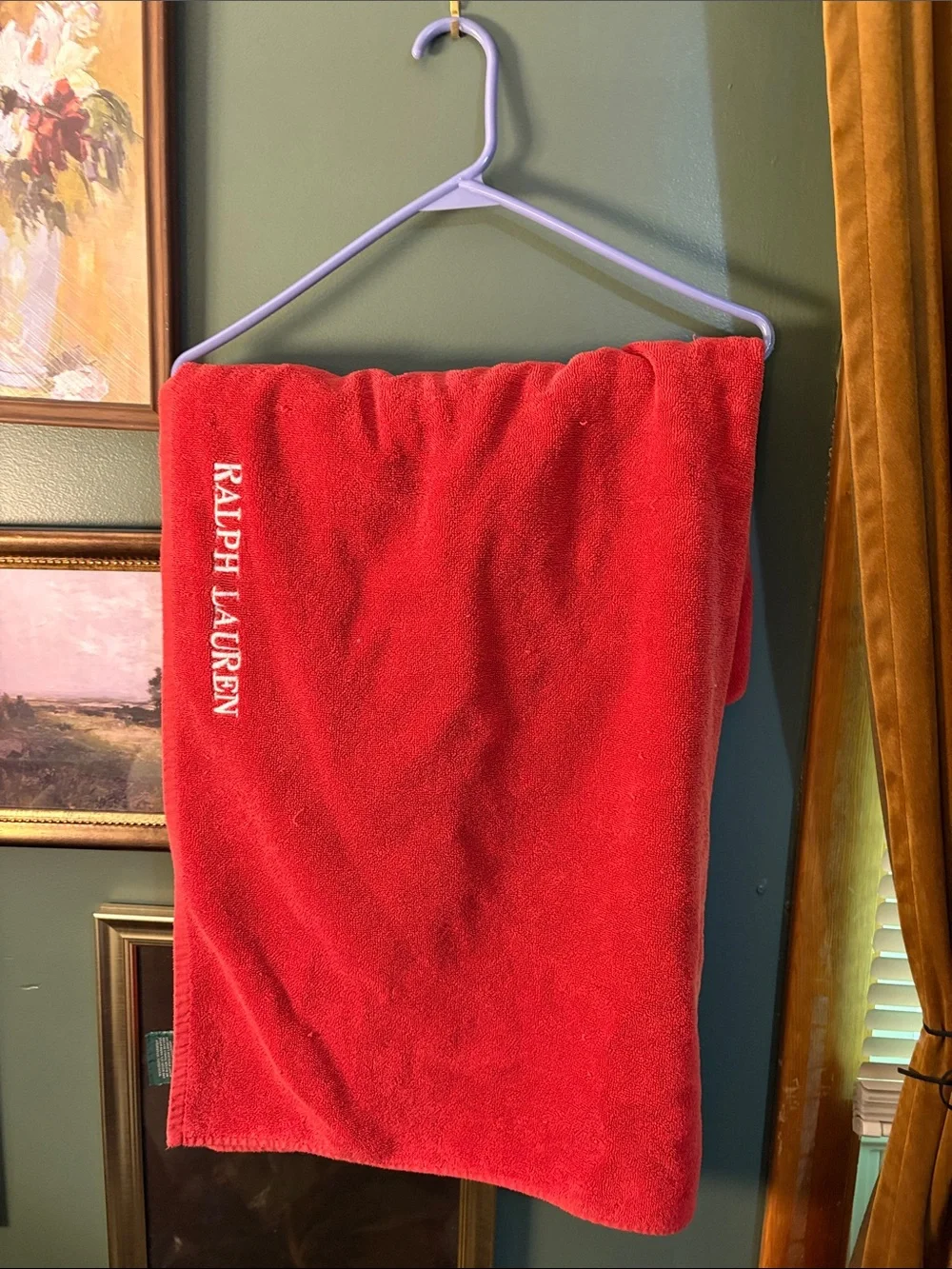 Ralph Lauren Red Bath Towel with White Logo Embroidery